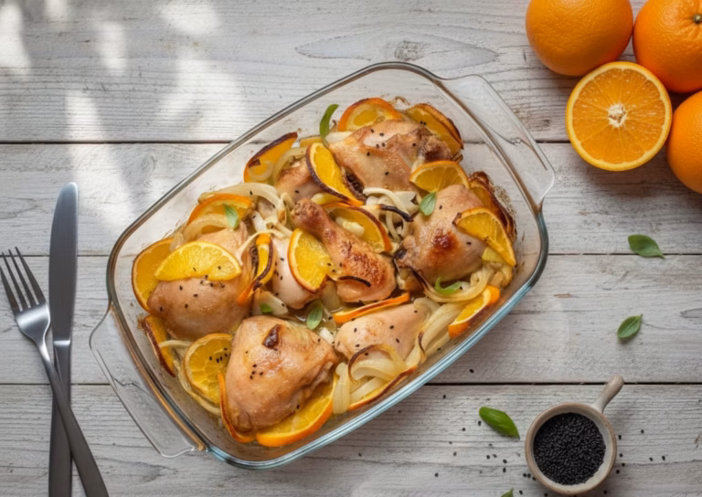 Ароматная куриная симфония с луком и апельсинами