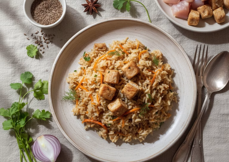 Ароматный плов с пряным маринованным куриным филе
