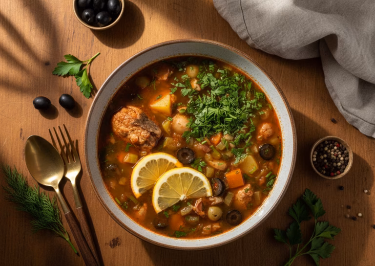 Насыщенная солянка с семужьим бульоном и деликатесами