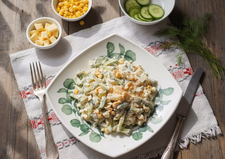 Салат с ароматным сыром и сладкой кукурузой