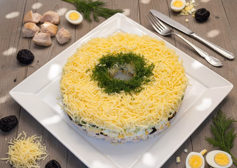 Салатные слои с курицей и сладким черносливом