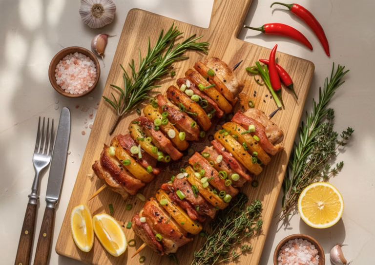 Сочные свиные шашлычки с хрустящим беконом и картофельными дольками