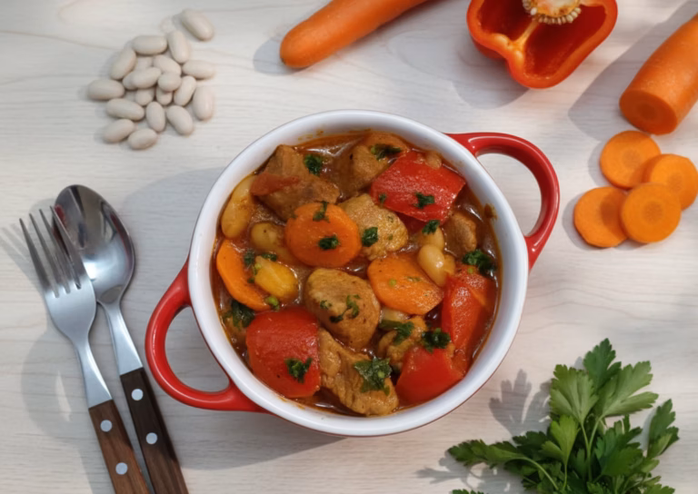 Сытная свинина с фасолью и свежими овощами
