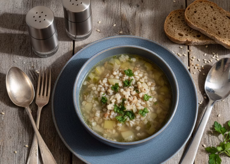 Сытный айнтопф с гречкой и нежным луком-пореем