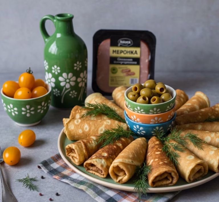 Нежные блинные конвертики с индейкой и картофельной начинкой