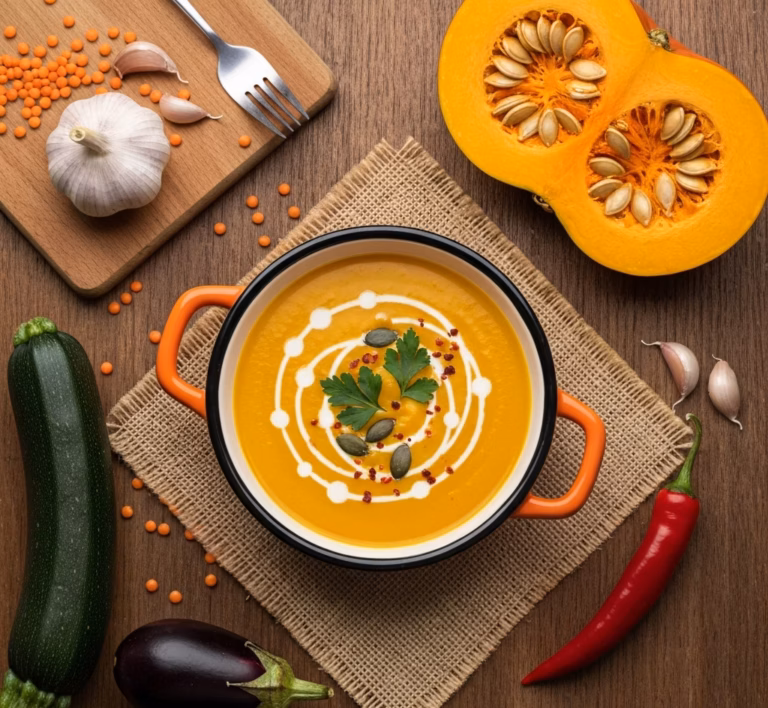 Нежный суп из чечевицы с тыквой и кабачком