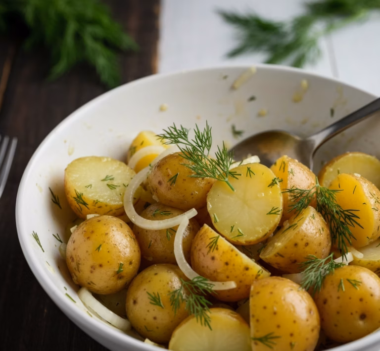 Освежающий салат из картофеля с луком и укропом