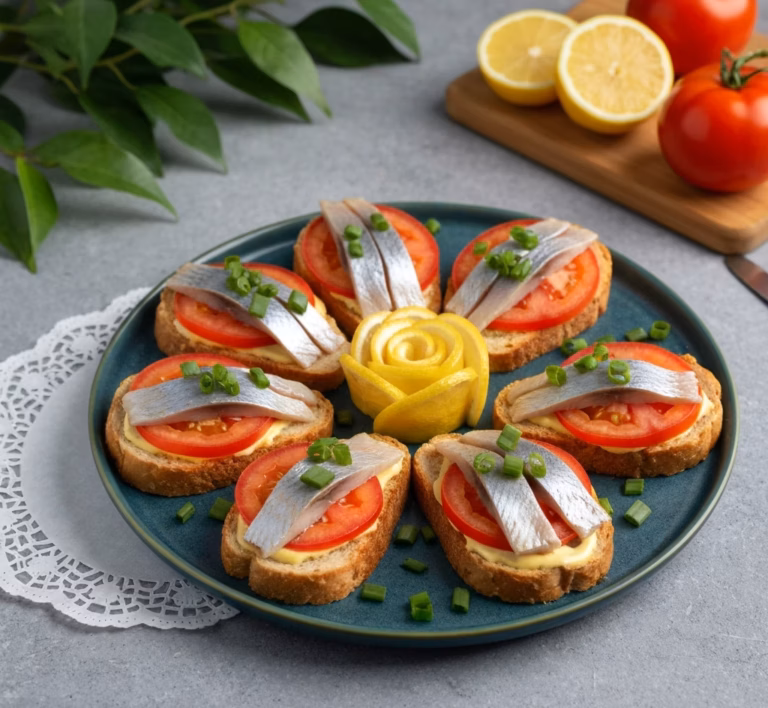 Свежие бутерброды с селёдкой и сочными помидорами