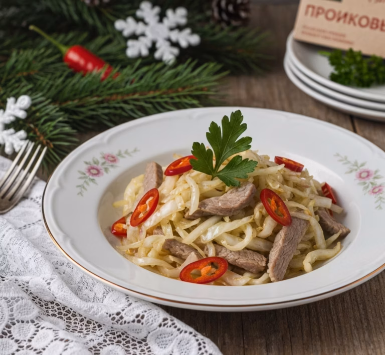 Свежий капустный салат с нежной индейкой и золотистыми блинчиками