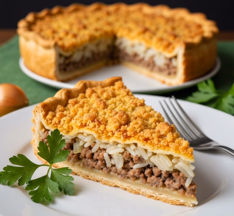 Сытный мясной пирог с рисом, луком и яблоками