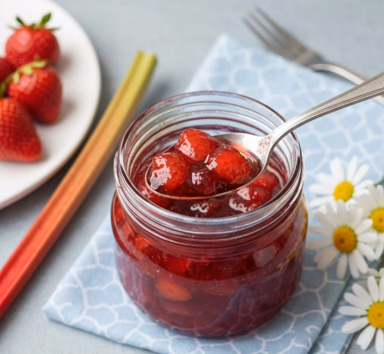 Яркий домашний джем из ревеня с клубникой и изюмом