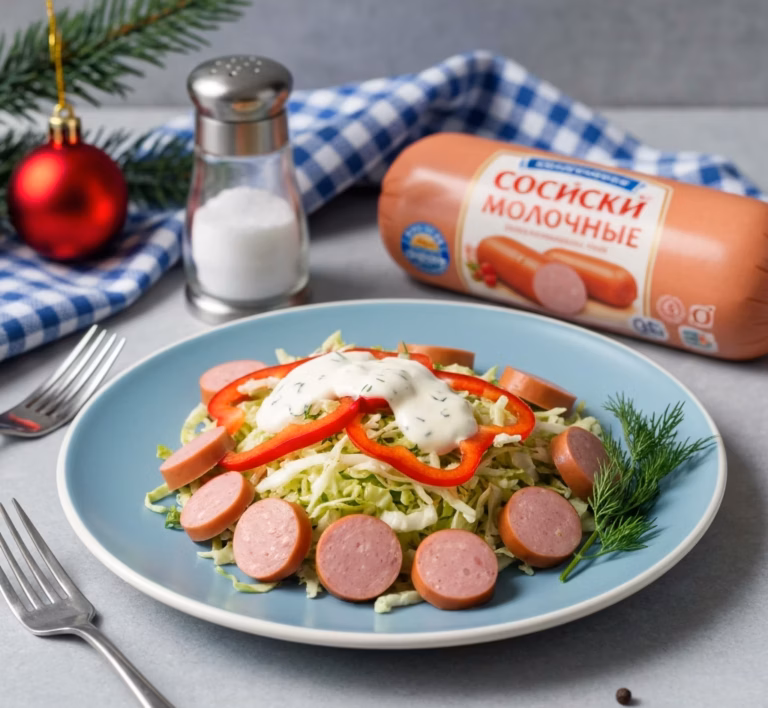 Аппетитный салат с хрустящими жареными сосисками