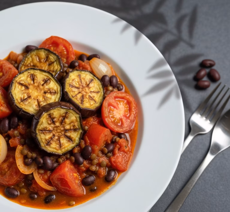 Пряное карри с маринованным баклажаном и чёрной фасолью