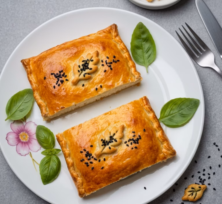 Пышная кулебяка с рисом, луком, яйцами и рыбой