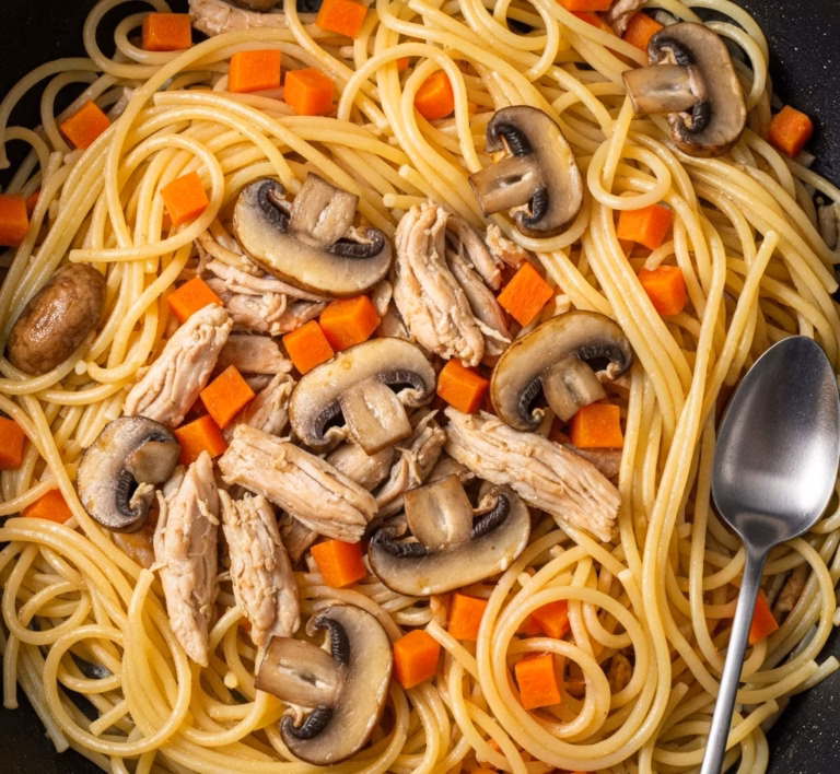 Сочная лапша с курицей и грибами в нежном соусе Терияки