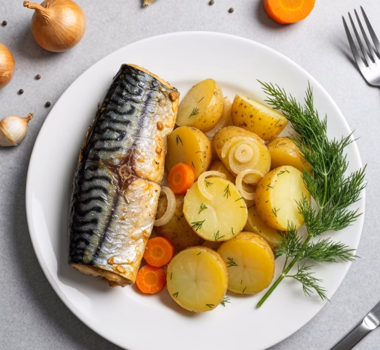Запечённая скумбрия с душистым картофелем в духовке