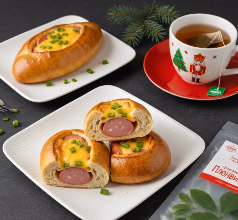 Запечённый багет с яйцом и сосисками в духовке