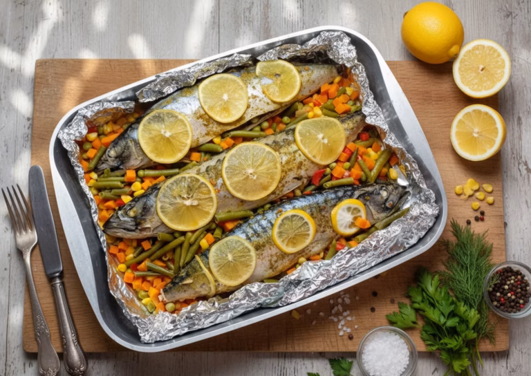 Запечённая скумбрия с яркими овощными акцентами