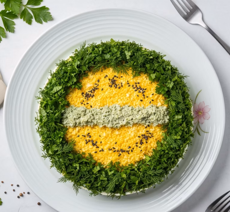 Лёгкий салат с курицей, свежими огурцами и сыром под яйцом