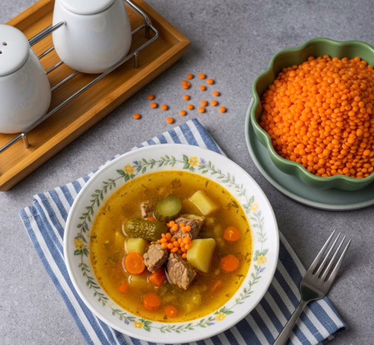 Насыщенный чечевичный суп с пикантными солёными огурцами