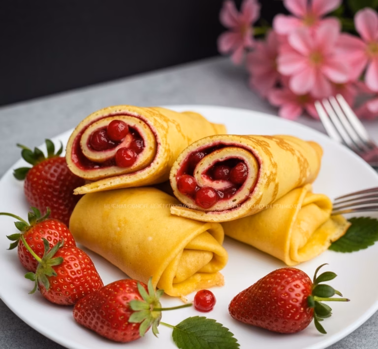 Нежные блинные роллы с бананом и свежей клубникой