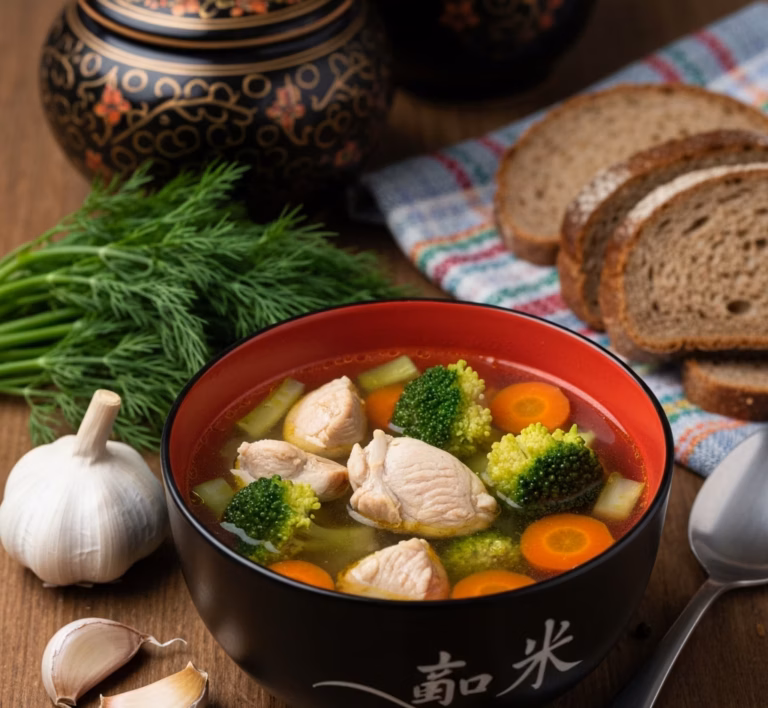 Нежный куриный бульон с брокколи и зеленью