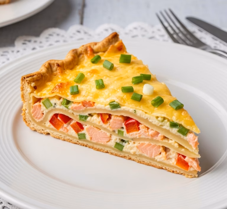 Нежный пирог с лососем, свежей зеленью и овощами