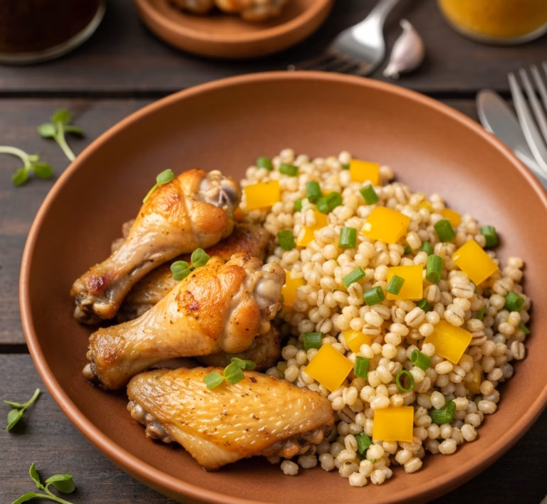 Пряный булгур с хрустящими куриными крылышками