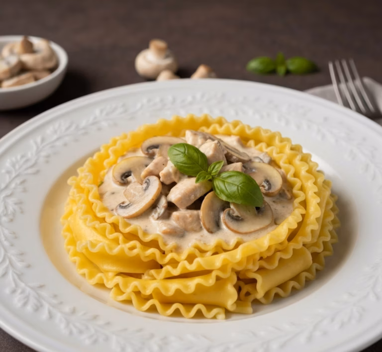 Сливочная паста с куриным филе и шампиньонами
