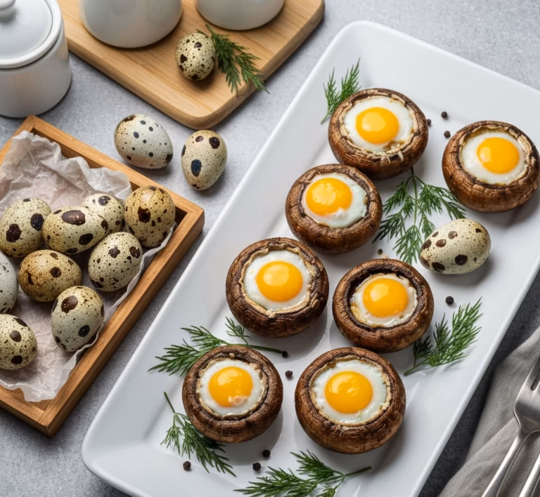 Сочные шампиньоны, фаршированные перепелиными яйцами
