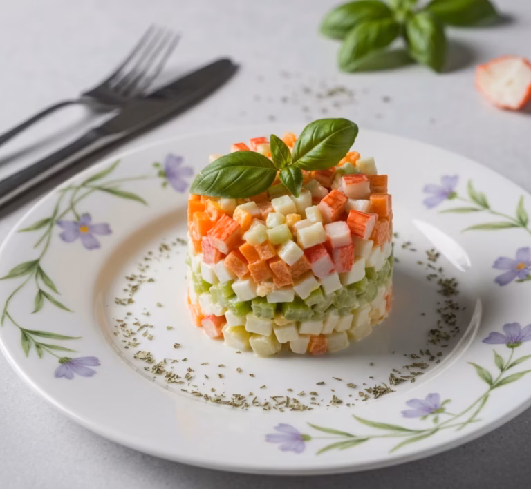Яркий крабовый салат с пикантной морковью по-корейски