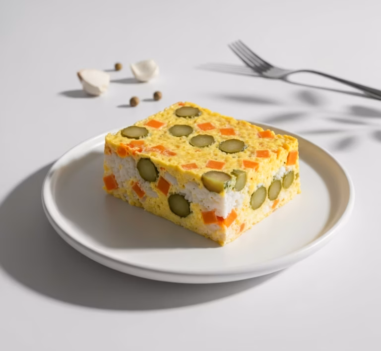 Ароматная запеканка из риса с пикантным маринованным огурцом