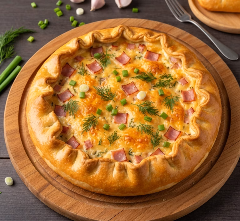 Нежный заливной пирог с пекинской капустой и ветчиной