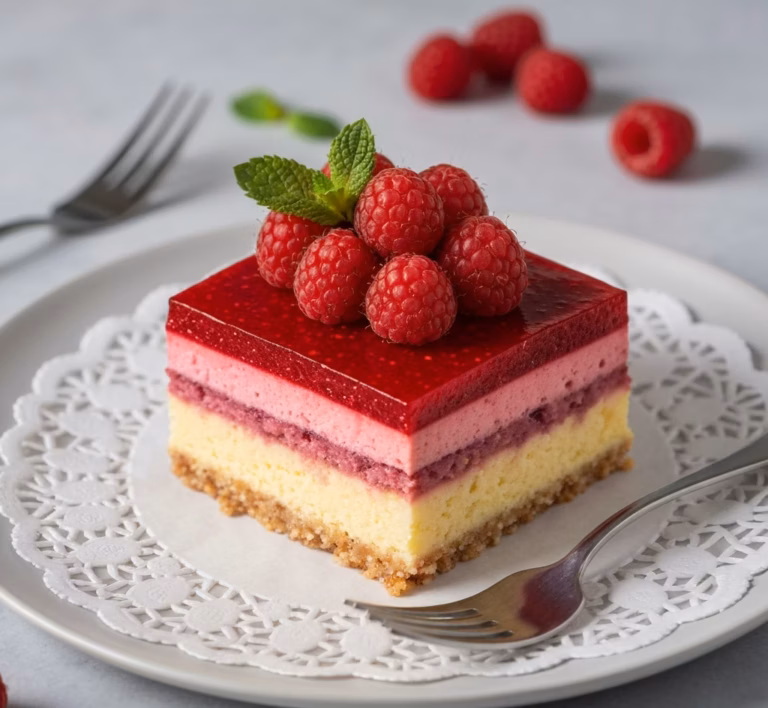 Сочное пирожное с лимонной ноткой и малиновым акцентом