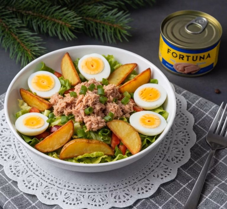 Тёплый салат с картофелем и нежным тунцом