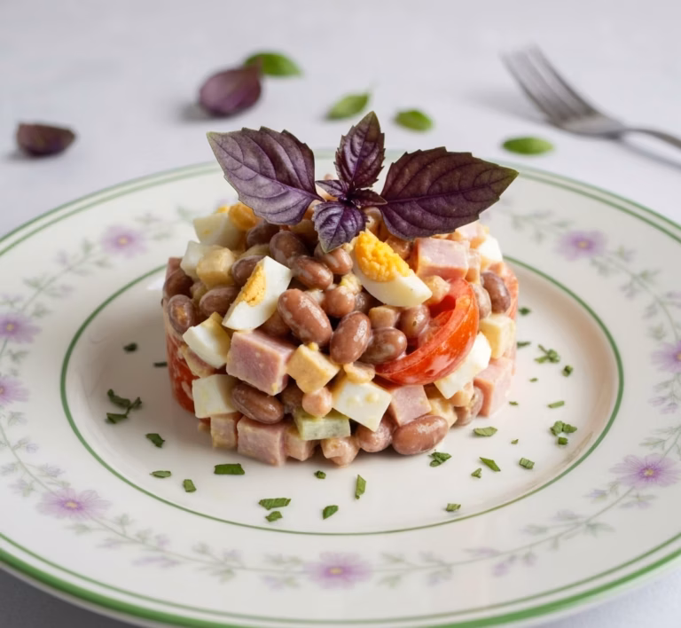 Яркий салат с фасолью, томатами и копченой колбасой