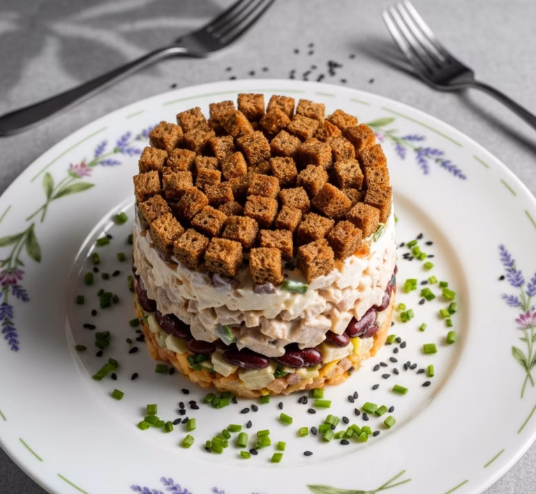 Яркий салат с курицей, грибами и фасолью