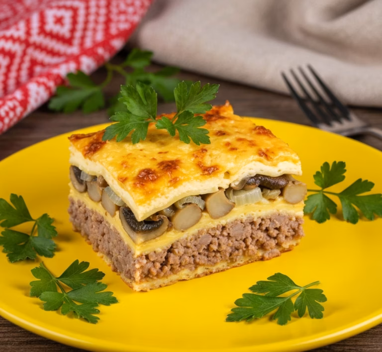 Запеканка из капусты с сочным фаршем и грибами